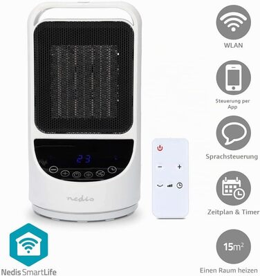 Розумний керамічний обігрівач Nedis HTFA22WTW SmartLife WLAN, 1500 Вт, 2 режими нагріву, осциляція, індикатор температури 1049 C, керування через додаток, Alexa та Google Assistant, білий