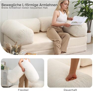 Диван MeMoreCool 4-в-1 без кісток, розкладний диван-ліжко з підлокітниками, розкладним матрацом та кріслом-ліжком, зручний розкладний диван для вітальні та спальні як шезлонг або гостьове ліжко, бежевий
