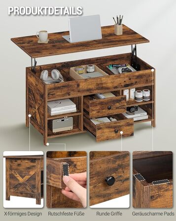 Журнальний столик Hzuaneri, стіл для вітальні з регульованою висотою, диван-столик, 2 шухляди та приховане місце для зберігання, 50 x 100 x 47,3-61,3 см, для вітальні, їдальні, офісу, вінтажний коричнево-чорний CT22101B