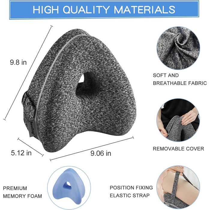 Подушка для ніг BEAUTRIP Ергономічна подушка для сну на боці з оптимальною підтримкою Подушка для колін з піни з ефектом пам&39яті для сну на боці Позиціонуюча подушка зі знімним чохлом, який можна прати, BM67 сірого кольору