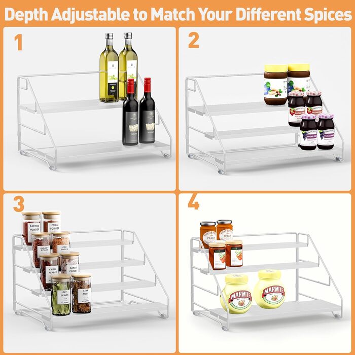 Рівнева підставка для спецій, металева підставка для спецій, регульована без свердління, тримач для спецій, органайзер для підставок для спецій для кухні, шафи та стільниці, компактна кухонна полиця (біла), 4-