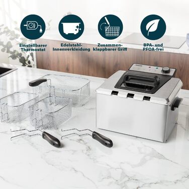 Фритюрниця Princess 3270 Вт, 5 літрів, термостат, 3 кошики для смаження, холодна зона, 6-7 осіб, 185000, сірий