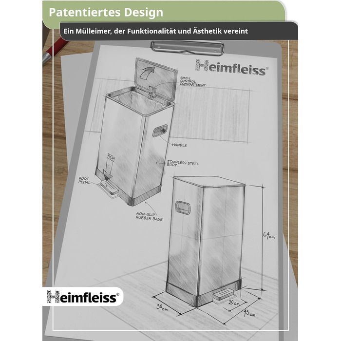 Відро для сміття Heimfleiss 50 л Педальне відро для сміття Дизайнерське прямокутне відро з нержавіючої сталі Сучасне відро для смі
