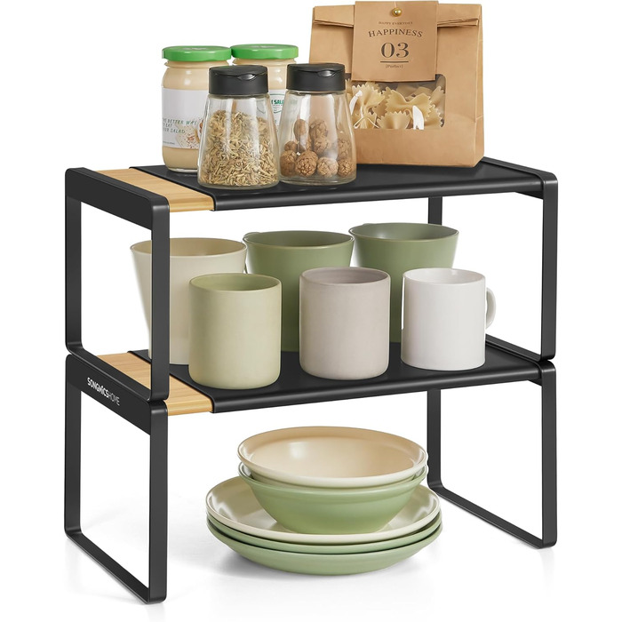 Стійка для спецій, набір з 2 шт. , висувна, кухонний органайзер, кухонна полиця, органайзер для шафи, тримач для спецій, кухня, невелика полиця, штабелюється, настільний органайзер, натуральний бежевий-чорний KCS051B01 2 натуральний бежевий чорнильний