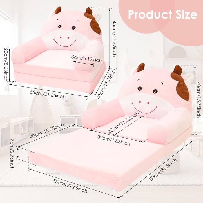 Складане дитяче крісло, зручний дитячий диван, портативний дитячий диван з ручкою для перенесення, дитячий стілець з пінопластовою підкладкою, крісло для читання для дітей віком від 1 до 4 років, ідеї подарунків на Різдво, дні народження, корову