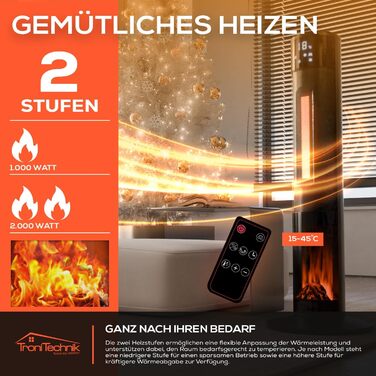 Окремостоячий обігрівач Tronitechnik вежа 1000/2000 Вт з пультом дистанційного керування, таймером, ефектом димоходу, керамічним вежевим обігрівачем, функцією коливань, TT-KH-73 - чорний
