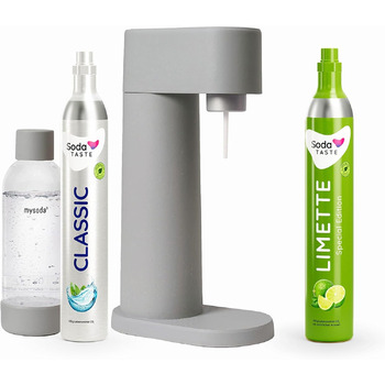 Економ-пакет Mysoda Woody - поновлювана деревна композитна содова з пластиковою пляшкою 1 л без бісфенолу А, класичним циліндром CO2 балон CO2 вапна (сірий)