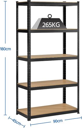 Стелаж для зберігання Yaheetech, безболтові стелажі, 180 x 90 x 45 см, 5 полиць, міцні стелажі, система підвальних стелажів з порошковим покриттям, вантажопідйомність 1325 кг, чорний, 180 x 90 x 45 см