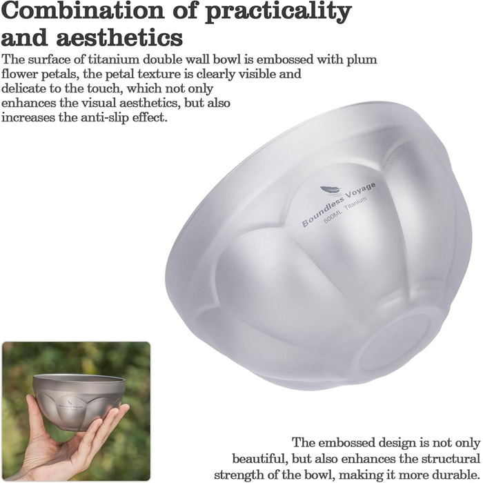Титанова миска Boundless Voyage з подвійними стінками, для активного відпочинку, кемпінгу, металева миска, надлегка, портативна миска для вівсянки, рису, супу, йогурту, салату (500 мл - Ti1171t) 500 мл - Ti1171t