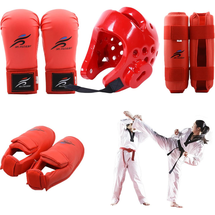 Захисне спорядження для спарингу, захисне спорядження для спарингу карате з поліестеру, тхеквондо, включає 1 шолом, 1 пару рукавичок та 1 пару захисних наколінників, також підходить для велоспорту, бойових мистецтв тощо, червоний, розмір S
