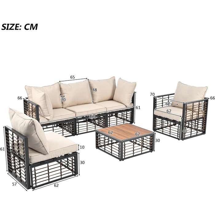 Набір садових меблів Merax з подушками Poly Rattan Lounge Balcony Set Група сидінь з 5 одномісними диванами (1 з підлокітниками, 2 кутових, 2 без підлокітників) і 1 журнальним столиком 196x66x70см Бежевийсірий