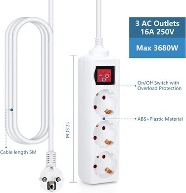 Триконтактний подовжувач Aigostar з вимикачем, настільна розетка, замок від дітей, кабель 5 м, білий