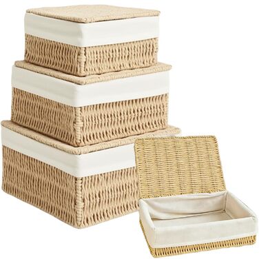 Набір із 3 кошиків для зберігання з кришками плетені кошики з паперової мотузки з металевим каркасом та підкладкою, 3 розміри, місце для зберігання речей у стилі бохо для ванної кімнати, пеленальний столик, органайзер та декор