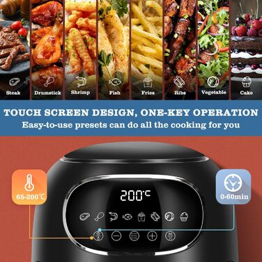 Фритюрниця без олії, 3 л, фритюрниці з 8 програмами, цифровий світлодіодний сенсорний екран, антипригарне покриття, регулювання часу та температури, без бісфенолу А, 1300 Вт
