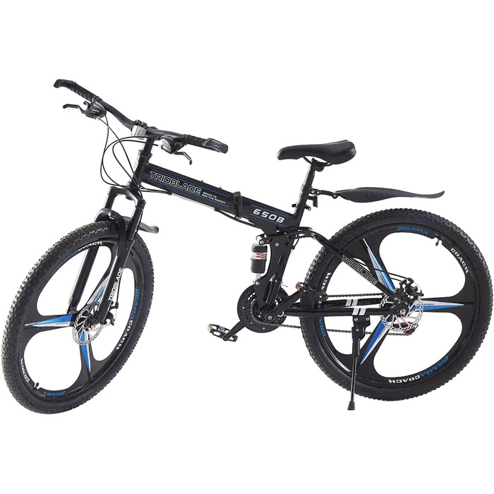 Складаний велосипед LSLIFE 27,5 дюймів, 21 швидкість, професійний кузов, алюмінієва рама, подвійні дискові гальма, передня підвіска, гірський велосипед для чоловіків/жінок, 27,5 дюймів, чорний/синій