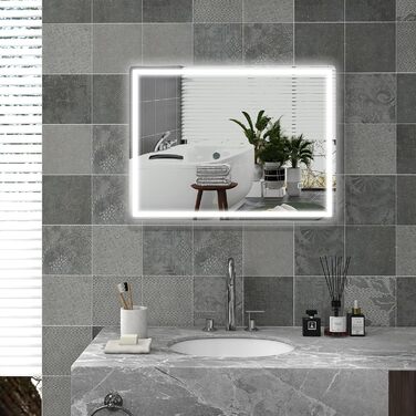 Дзеркало для ванної кімнати HOMCOM, дзеркало для ванної кімнати з регулюванням яскравості, 80 x 60 см з підсвічуванням, сенсорним вимикачем, функцією пам'яті, настінне дзеркало без запотівання, водонепроникне