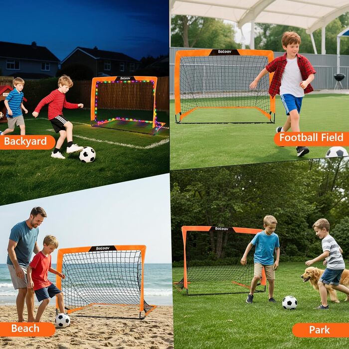 Дитячі футбольні ворота BELEEV для саду 4x3/6x4 фути, високоякісний портативний складний комплект футбольних воріт зі світлодіодними ліхтарями, скловолокнистими стійками, сумкою для перенесення, для тренувань у приміщенні та на відкритому повітрі, подарун