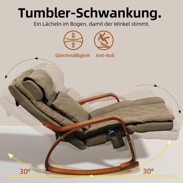 Масажне крісло-гойдалка, крісло-реклайнер, крісло для телевізора з 3-зонним масажем, масажне крісло з функцією підігріву, регульований підголівник та підставка для ніг, знімний чохол, вантажопідйомність 150 кг, світло-коричневий колір