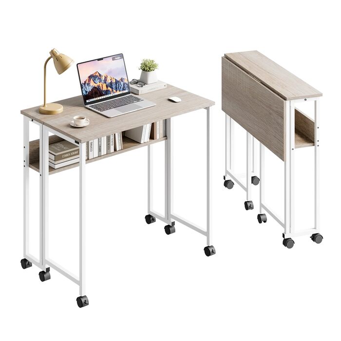 Розкладний стіл Dripex 80x50 см, компактний стіл, складний комп&39ютерний стіл з місцем для зберігання та колесами, невеликий розкладний комп&39ютерний стіл для домашнього офісу/кабінету (дуб)