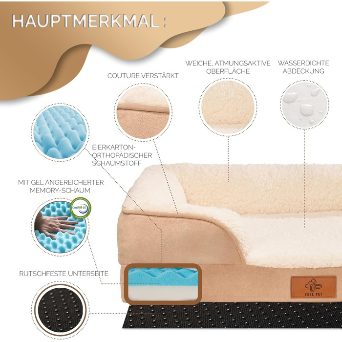 Ортопедичний кошик для собак преміум-класу, середнього розміру ліжко для собак із сертифікованим матеріалом з ефектом пам&39яті знімний та пральний чохол, водонепроникний, зручний шезлонг для собак середнього розміру (великого)