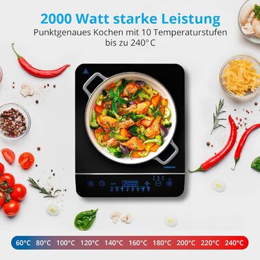 Індукційна конфорка MEDION / 2000 Вт / діапазон температур 60-240 C / 8 автоматичних програм / 10 рівнів потужності / LED-дисплей / MD 17595 / чорний