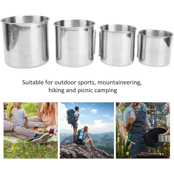 Чашки-гніздові чашки з нержавіючої сталі, складна ручка, міцні, легкі, портативні, чашки для кемпінгу на свіжому повітрі для походів, пікніків, барбекю, 4 шт. и, нержавіюча сталь 304