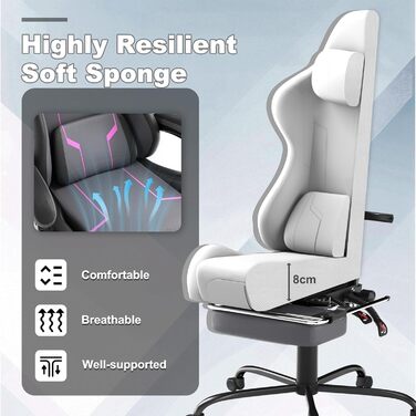 Ергономічне ігрове крісло UISEBRT з масажем та підставкою для ніг, зручне ігрове крісло, регульована спинка, підголівник та масажна поперекова подушка - сірий, чорний та фіолетовий