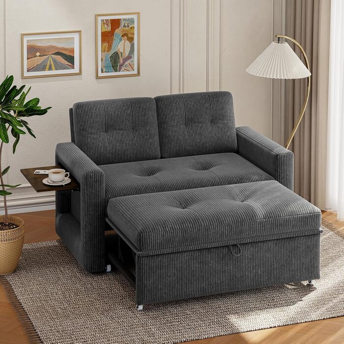 Диван YOUDENOVA з функцією сну, Розкладний диван з 5-позиційною регульованою спинкою, Диван-ліжко зі столиком та бічною кишенею, 2-місний диван-ліжко 177x135 см, Вельветово-сірий