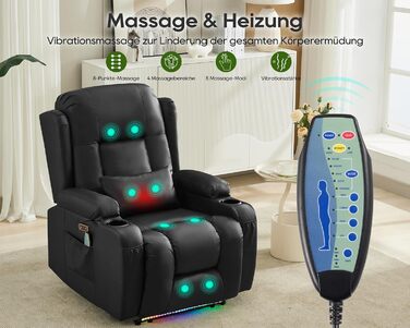 Крісло для телевізора з розкладним підйомником, масажне крісло з електрорегулюванням, функцією відкидання та підставкою для ніг, крісло для телевізора зі штучної шкіри з функцією підігріву, крісло для кінотеатру зі світлодіодним підсвічуванням/USB для віт