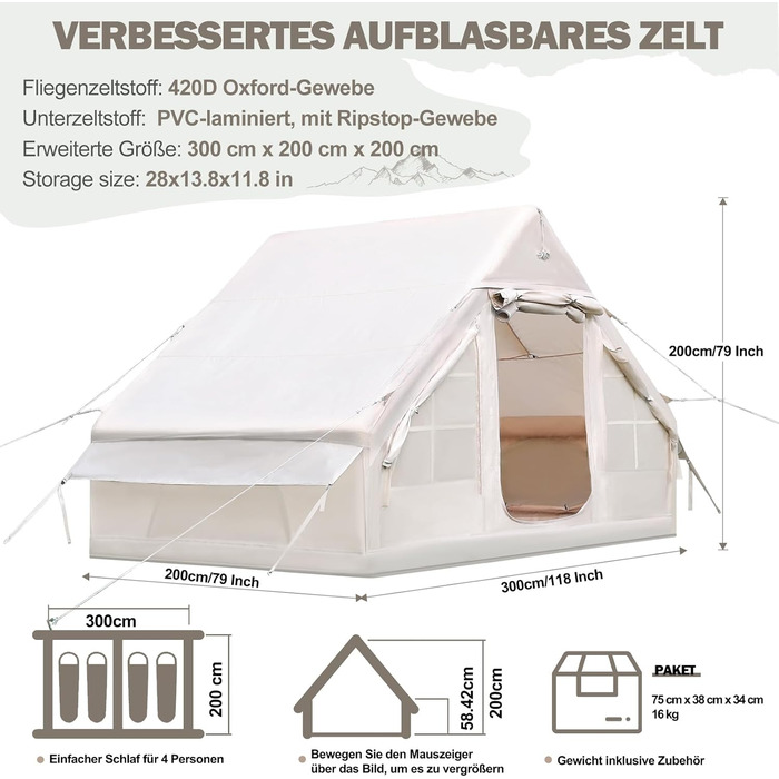 Надувний кемпінговий намет з насосом, надувний намет Oxford 420D для кемпінгу, водонепроникний до 3000 мм, вітрозахисний намет-кабінка на 4 сезони з сітчастими вікнами, розрахований на 3-4 особи, з каміном / 300 x 200 x 200 см