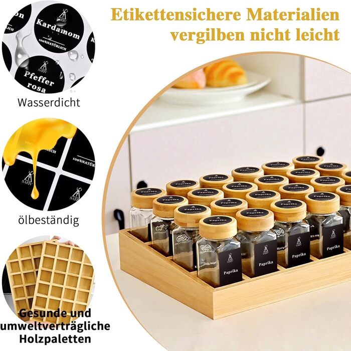 Натуральна бамбукова підставка для спецій з банками, набір шаф для спецій з 24 квадратними банками для спецій, бамбукова підставка для спецій, що підходить для охайної та організованої кухні, натуральний бамбук, 24 квадратні банки