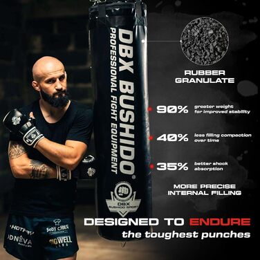 Боксерський мішок DBX BUSHIDO SPORT з наповнювачем 60 кг - без наповнювача - тренування з боксу, кікбоксингу, ММА, муай-тай та інших бойових мистецтв, чорний з наповнювачем
