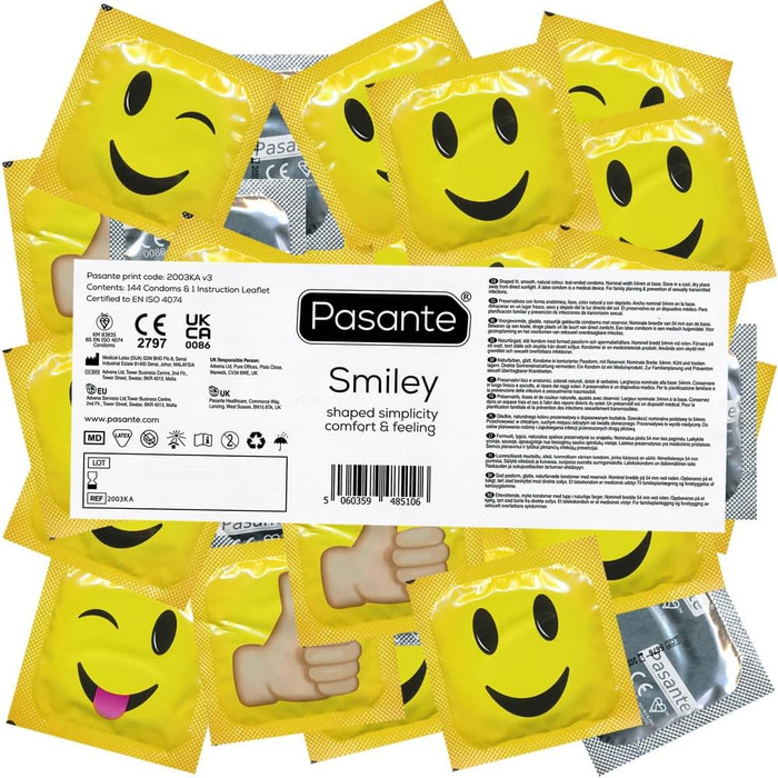 Презервативи Pasante Smiley 144 Motif, кумедні презервативи - ідеально підходять для підлітків, парубочих вечірок, як подарунок для чоловіків - оптова упаковка, друковані герметичні фольги