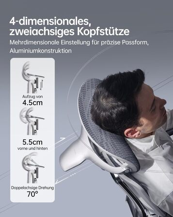 Ультраергономічне офісне крісло Hbada E3, велике та високе офісне крісло з 3-зонною динамічною поперековою підтримкою, механічними підлокітниками на 360, регульованим підголівником у 4 напрямках, сіре