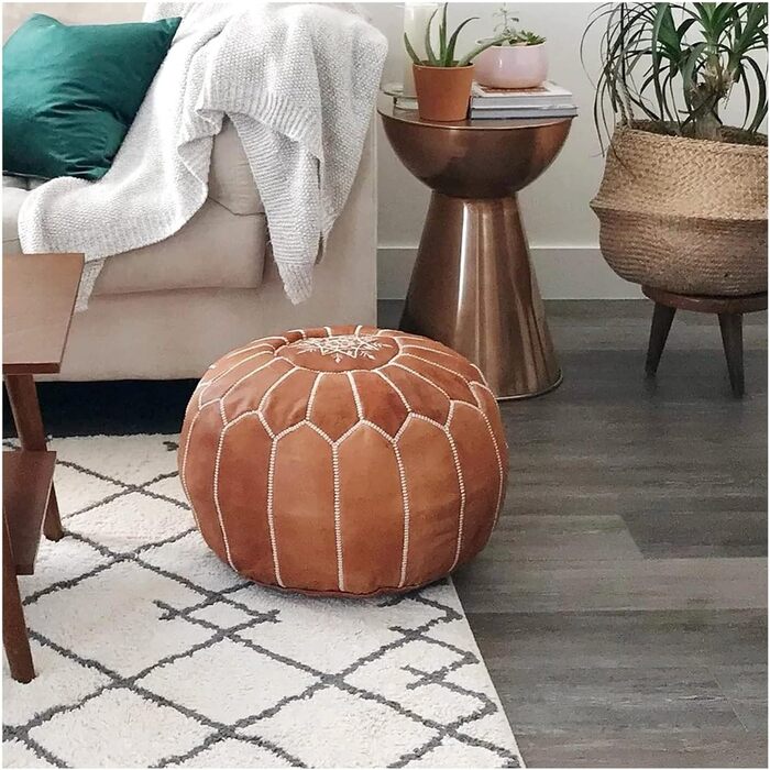 Марокканська подушка для підлоги з натуральної шкіри - Верблюжий вінтаж - Наповнена - Міцна шкіра, ручної роботи, східний пуф-мішок, пуф-підставка, світло-коричневий (верблюжий вінтаж)
