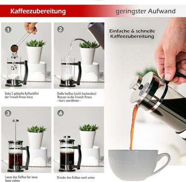 Кавоварка френч-прес 0,35 л на 2 чашки (також 0,6 л), скляний прес для кави, чайник і кавоварка маленька, в т.ч. кавова ложка з нержавіючої сталі та подарункова коробка, хром, 43