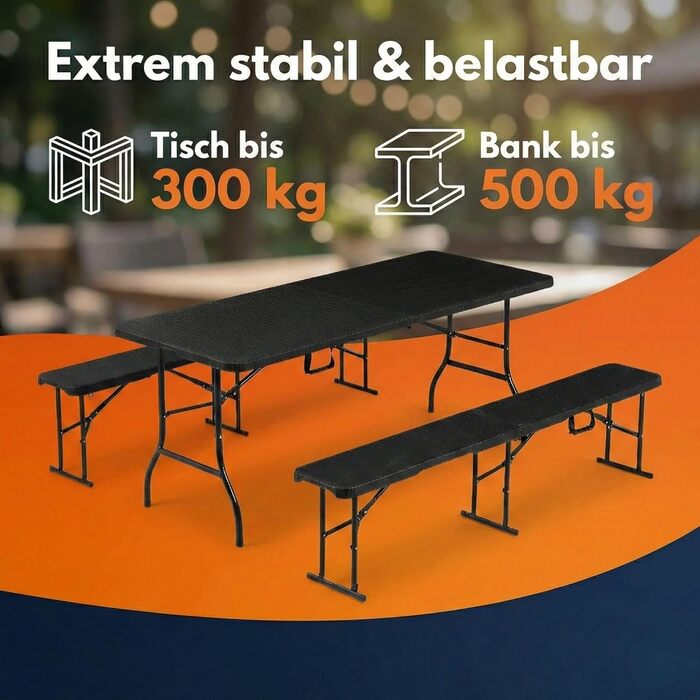 Складаний пивний садовий набір ALBATROS, 3 предмети Міцний розкладний стіл (300 кг) та 2 пивні лавки (500 кг) Комплект пивних столів на 10 осіб Стіл для кемпінгу на вулиці Пивний стіл 182 см Комплект садових меблів