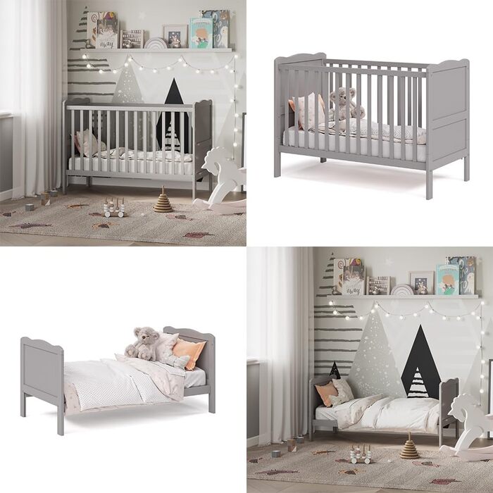 Дитяче ліжечко 60x120 см Tobi - сіре 124x87x65 см з дерева - дитяче ліжко із захистом від падіння, призначене для новонароджених та немовлят, з регульованою по висоті рейковою основою