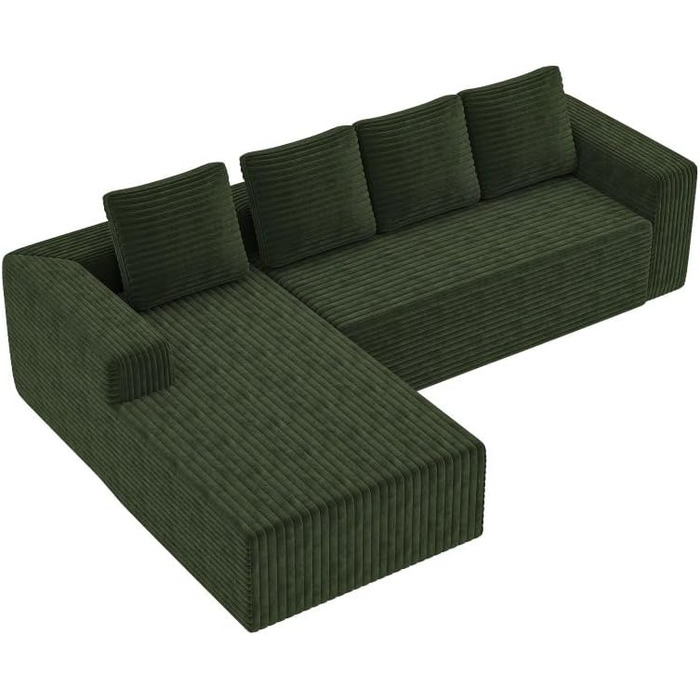 Кутовий диван, 4-місний диван, 3-місний диван, модульний компресійний диван з L-подібним шезлонгом, не потребує складання (плюс вельветова тканина) (зелений)