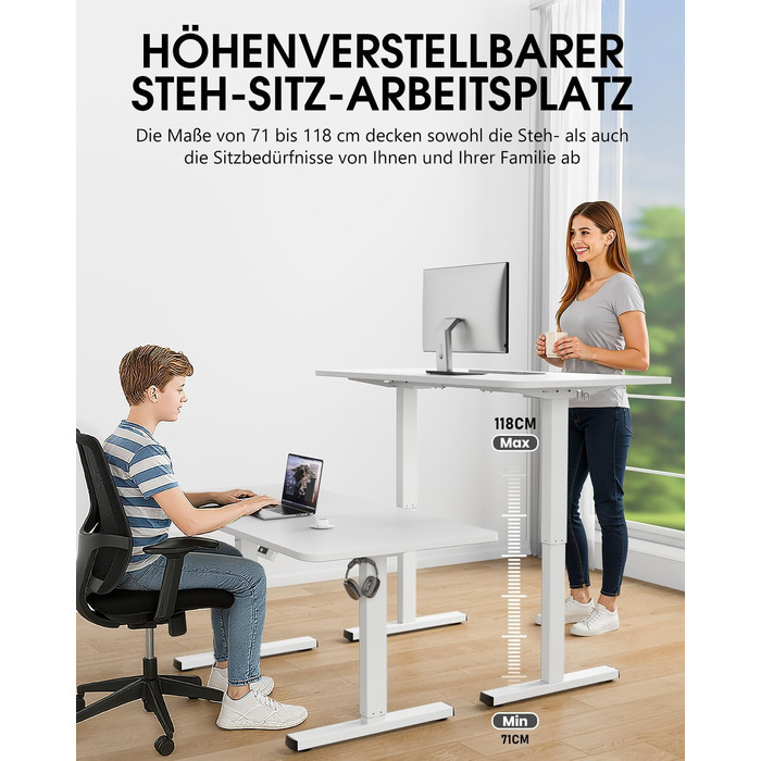 Каркас столу з регулюванням висоти, 2 потужними двигунами, 3 налаштуваннями пам&39яті та нагадуванням про можливе кріплення сидячи/встаючи, функцією захисту від зіткнень, вантажопідйомністю 150 кг, портом USB-C, 2 гачками, білий колір