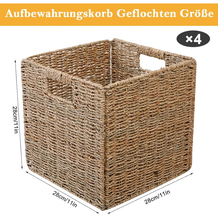 Набір плетених кошиків для зберігання з 4 предметів, складаний плетений кошик для зберігання Kallax, 28 x 28 x 28 см, міцний кошик для зберігання з ручками для полиць, комори, ванної кімнати, вітальні