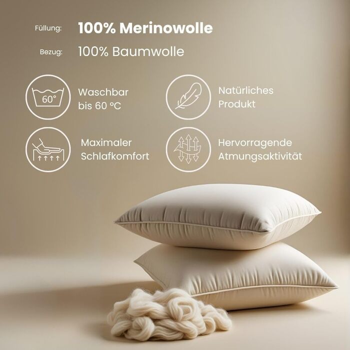 Подушка Senpo Melodia 50x70 см, 100 мериносова вовна, бавовняний чохол, натуральна та дихаюча, сертифікована Oeko-Tex