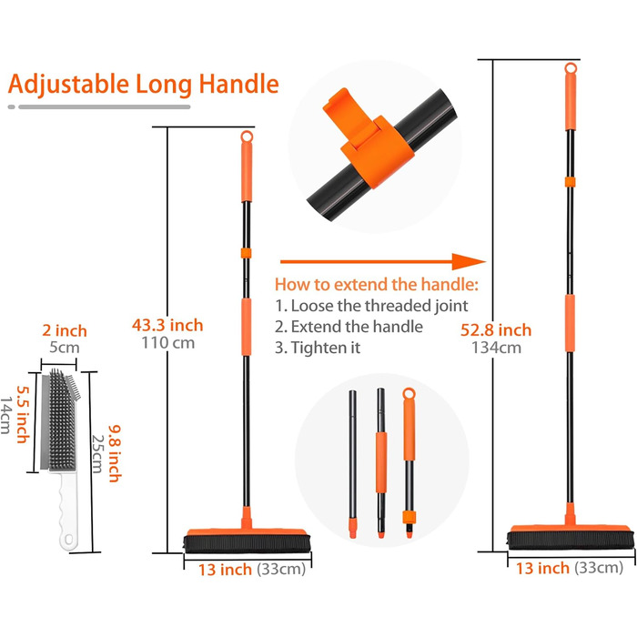 Гумовий віник JEHONN з ручкою 134 см, силіконовий віник всередині зі знімачем для видалення шерсті тварин кішок і собак з килимів, вікон, плитки та дерев'яної підлоги (помаранчевий)
