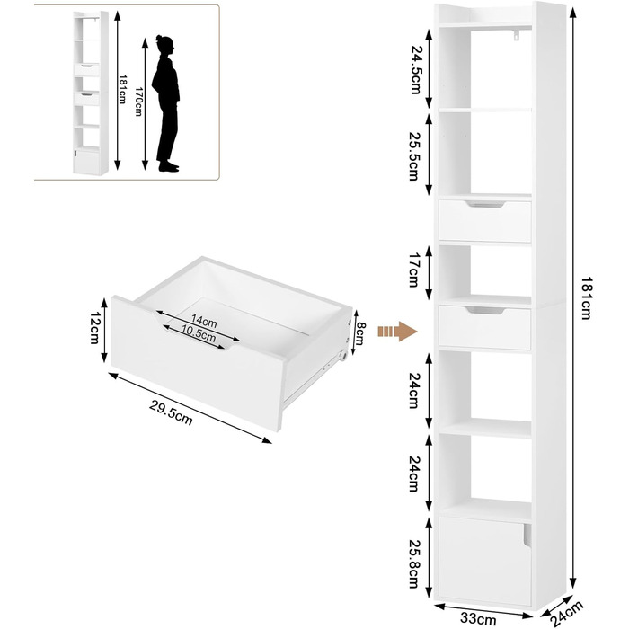 Книжкова полиця WOLTU, книжкова шафа, полиця для зберігання, офісна полиця, з 6 полицями, 2 шухлядами, 1 дверцятами, виготовлена з інженерної деревини, для вітальні, спальні, офісу, біла, SK042ws