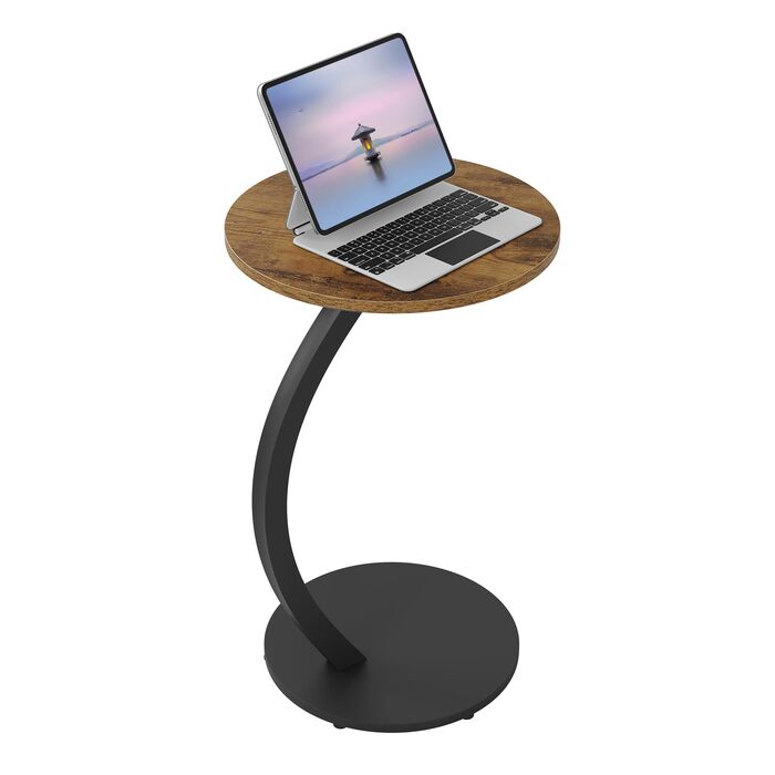 Журнальний столик WOLTU C-подібної форми, круглий журнальний столик, столик для дивана, маленький столик для дивана, ліжка, з металевим каркасом та стільницею з МДФ, індустріальний стиль, 40 x В 65 см, вінтажний вигляд дерева, BTS21hov