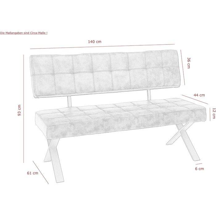 Обідня лавка Donna, зі спинкою, чохол Softex у вінтажному коричневому кольорі, Х-подібний металевий каркас кольору антрацит, 140x693 см Лавка зі спинкою