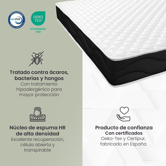 Матрац Homey Viscoelastic Sleep Pro, двосторонній (зима-літо), середньої та високої жорсткості, товщина 25 см, стійкий до кліщів, антибактеріальний та гіпоалергенний, 90 x 200 см Білий / Чорний 90 x 200 см