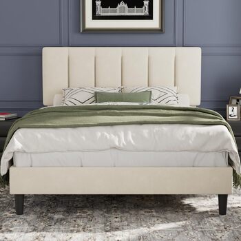 М&39яке ліжко VECELO 140x200 см Двоспальне ліжко, Каркас ліжка з регульованим по висоті узголів&39ям, оксамитовим чохлом та рейковою основою, Легке складання, Ідеально підходить для спалень та гостьових кімнат, Бежевий 140 x 200 см