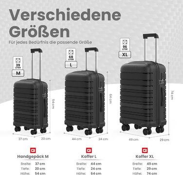 Велика валіза GENTOR на колесах 64x44x24 см Легка валіза на візках з жорсткою оболонкою та замком TSA Велика дорожня валіза з жорсткою оболонкою для подорожей та відпусток Чорна