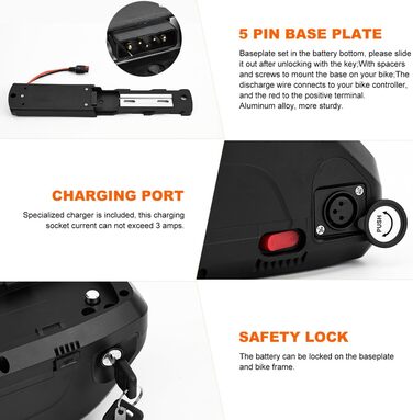 Акумулятор для електровелосипеда 36V / 48V (10Ah – 22.5Ah) із зарядним пристроєм, замком та індикатором заряду